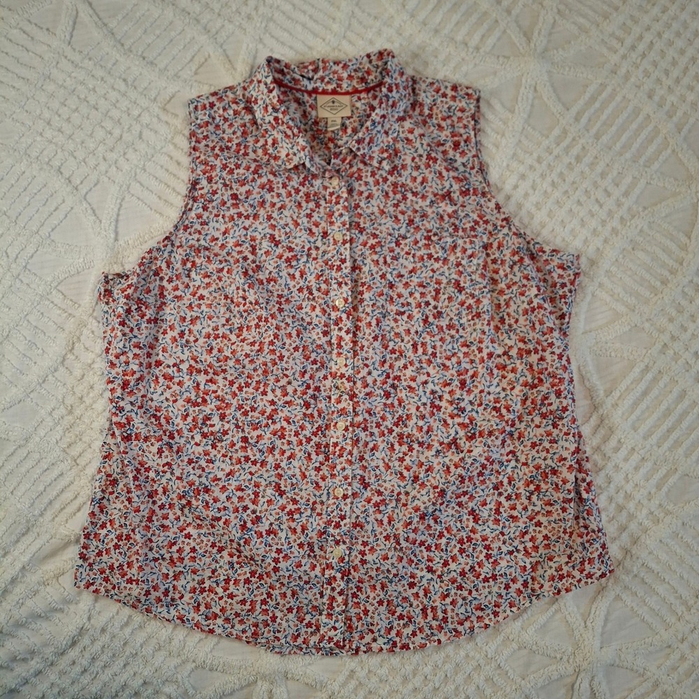 St Johns Bay Womens PXL Sleeveless Button Front Shirt Red Blue Floral Cotton‎